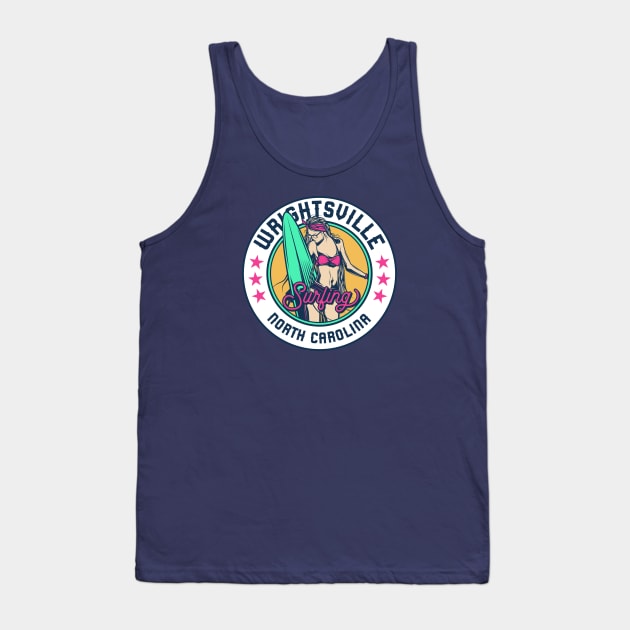 Retro Surfer Babe Badge Wrightsville North Carolina Tank Top by Now Boarding